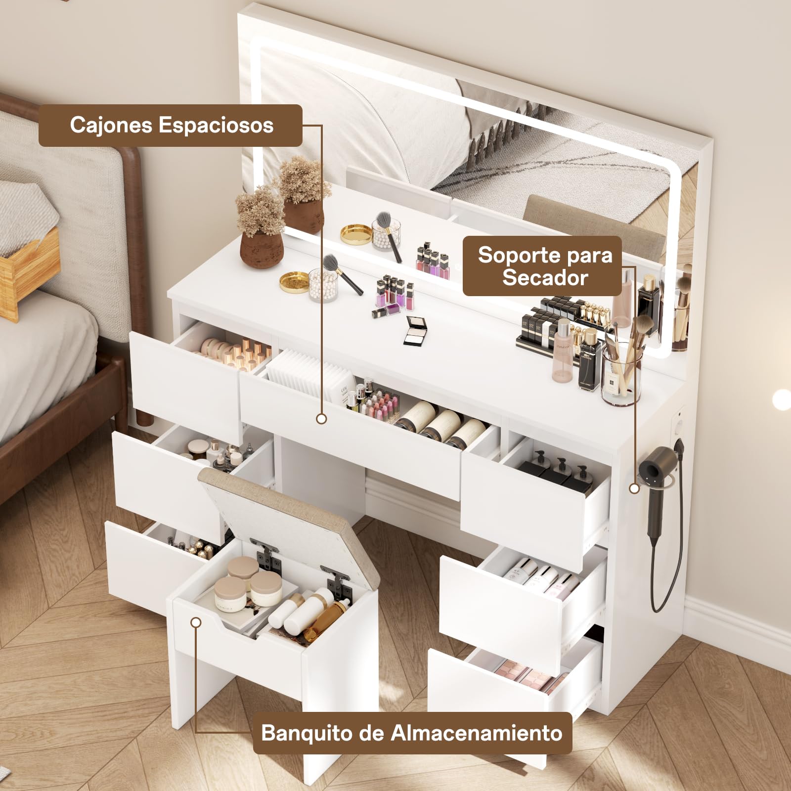 TRIUMPHKEY Tocador con Taburete, Tocador de Maquillaje Espejo LED Grande con Brillo Ajustable, Mesa de Maquillaje con 7 Cajones y Enchufes para Dormitorio, Blanco