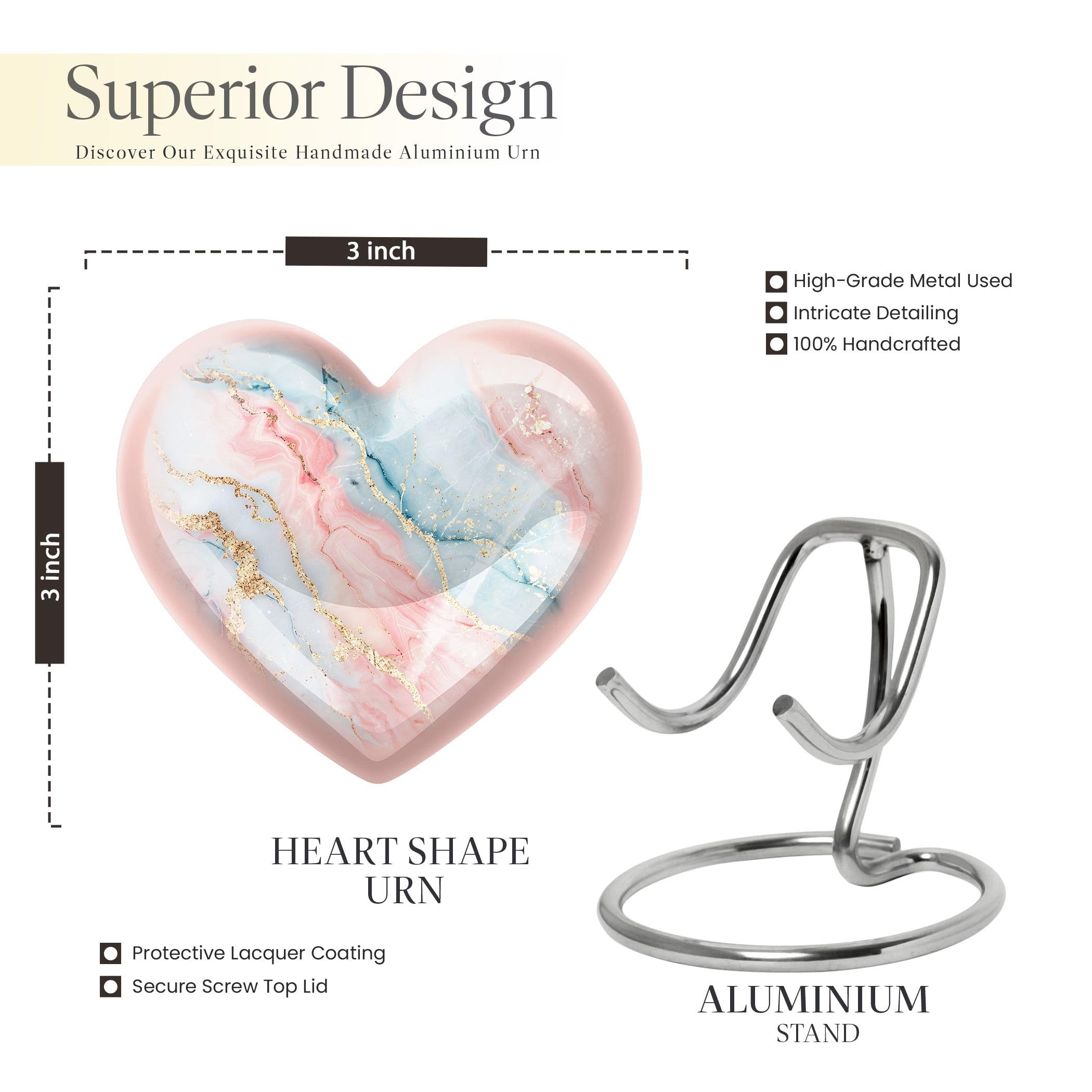 YATHABHISA Blush and Sky Marble Heart Urn, 3" Keepsake Pack of 1, Aluminium, Polished, Memorial Urn for Human Ashes - Image 2