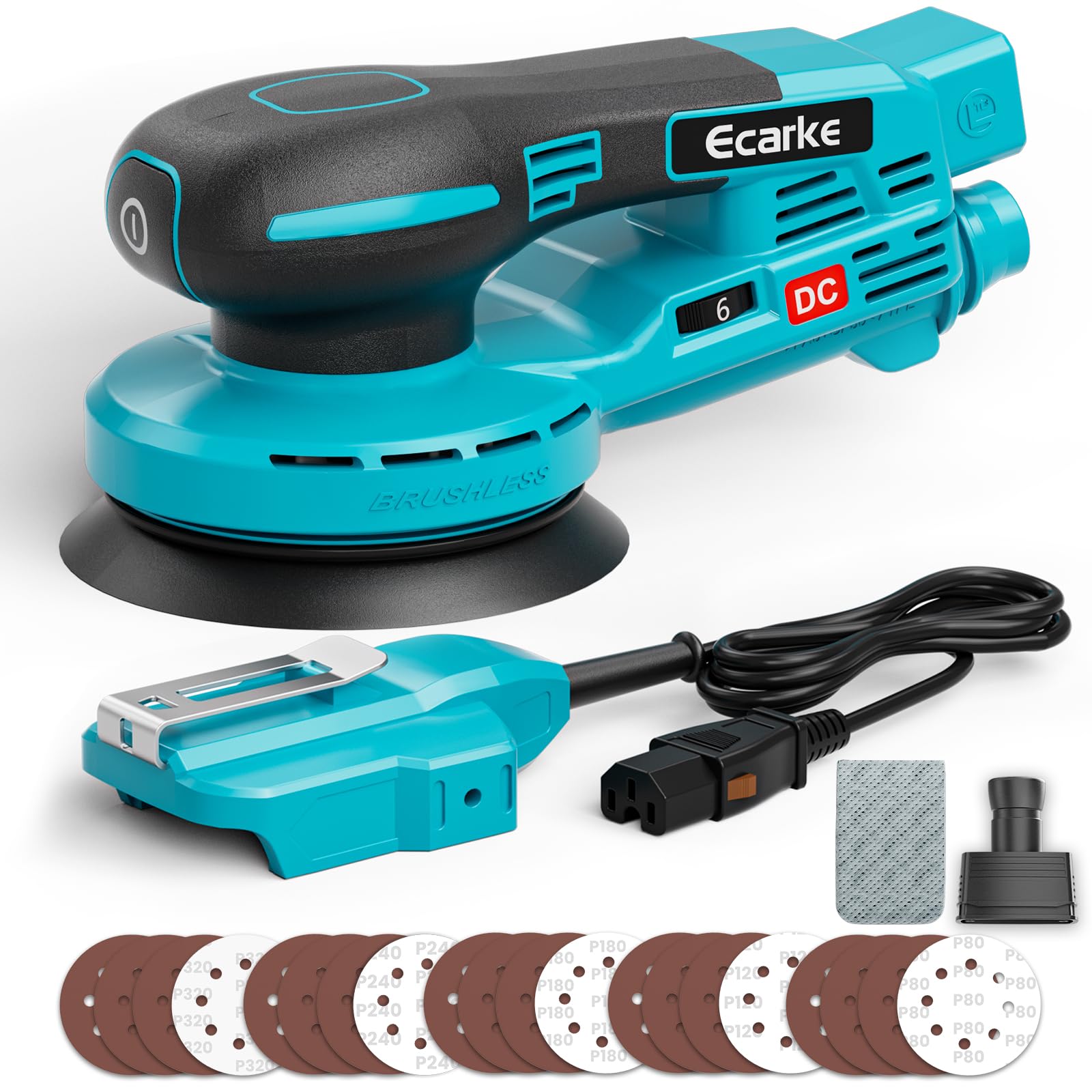 Ecarke Ponceuse Excentrique Sans Fil 125 mm,Compatible avec Makita 18V, 15000 tr/min, 6 Vitesses Réglables, avec Sac à Poussière & 20 Disques Abrasifs, pour Cirer, Dérrouiller(Outils Uniquement)