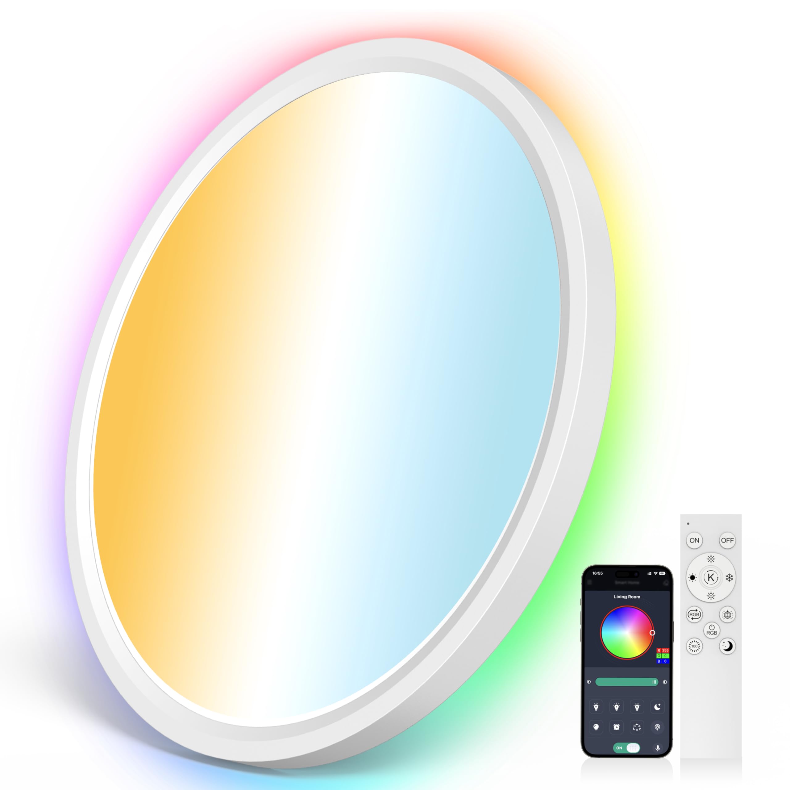 AIKVSXER RGB Ceiling Light with Remote,12inch 24W Dimmable LED Flush Ceiling Light,3000K-6500K Timer & Memory,RGB Colour Changing Flush Ceiling Light for Kidroom Bathroom Living Room