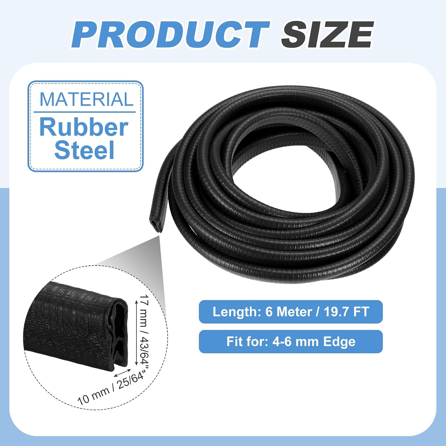 PATIKIL Rubber Edge Trim Guard, 19.7 ft x 43/64" x 25/64" U Channel Edge Protector Seal Strip with Metal Clips Fit for 4-6mm Edge for Car Door Sheet Metal Hatches Table Corners, Black
