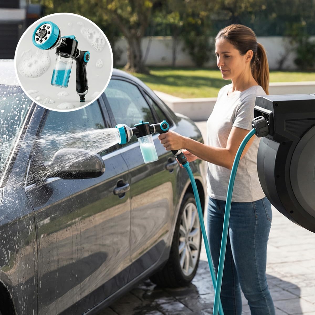 Cecotec 10 m HydroShell 100 Pro rolka do węża. Automatyczny zwijacz z technologią SlowReturn i Smooth Technology, przenośny z obrotem o 180°, pistolet natryskowy 8 funkcji ze zbiornikiem na mydło
