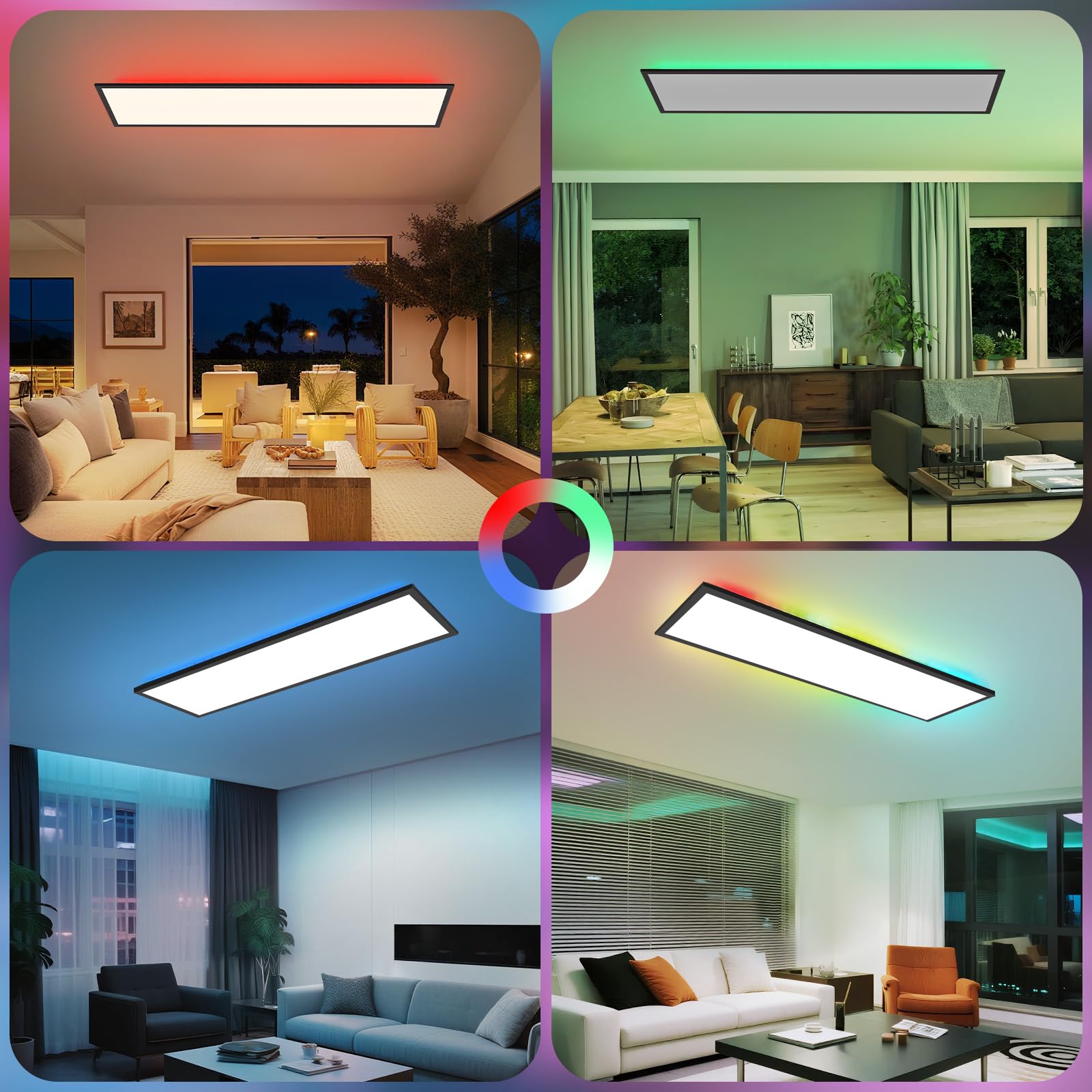 CBJKTX LED Panel 100x25 regulable - RGB retroiluminado con cambio de color | larga y plana para oficina con mando a distancia grande 24 W negra rectangular Lámpara de techo para sala de juegos y salón