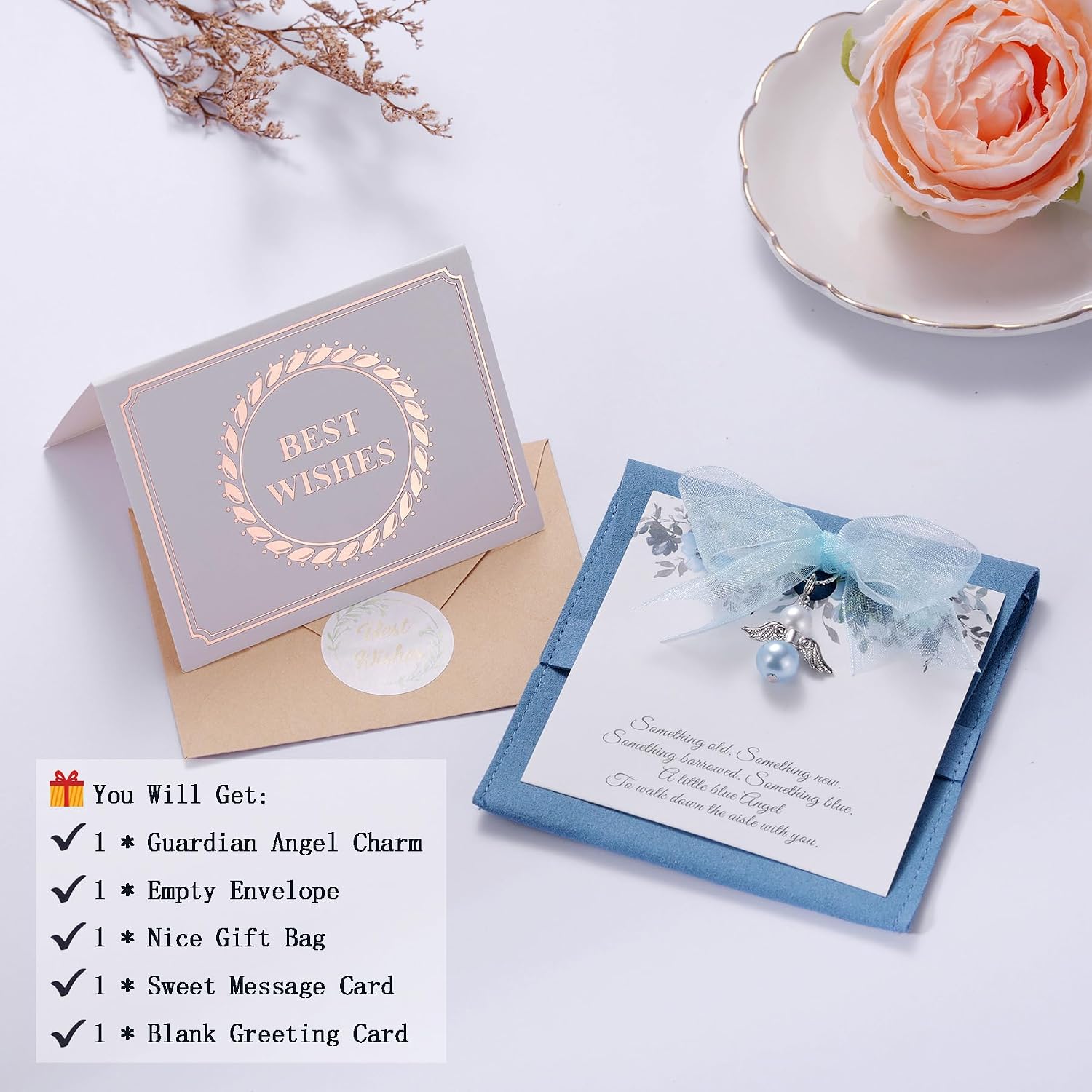 Ralukiia Something Blue Angel Charm, Bride Memorial Bouquet Charm for Wedding Remembrance Mom or Dad in Heaven, Guardian Angel for Wedding, Memory Gifts for Bride