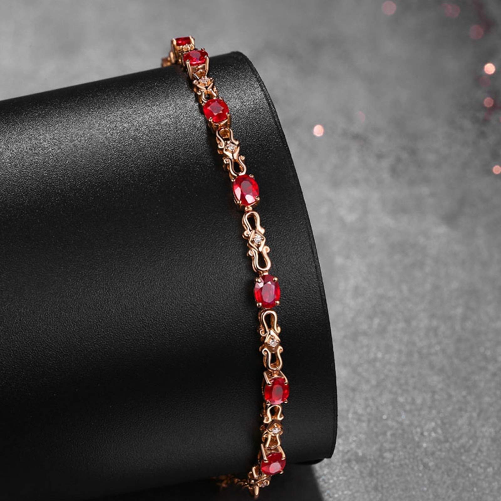 ZH1YFD Pulsera de Cadena de rubíes en Oro Rosa, eslabón de Barra con Pulseras de rubíes de 2,6 CT en Mujeres 17+2 CM