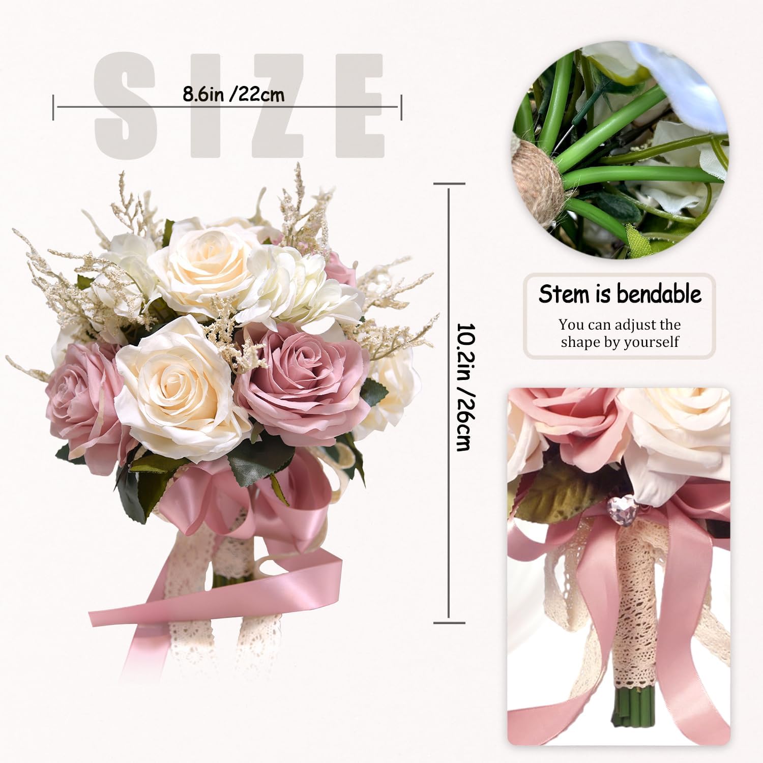 Dusty Pink Wedding Bouquets for Bride Bridesmaid,White Blush Pink Artificial Fake Silk Roses Flowers Bridal Bouquet for Wedding French Vintage Boho Rustic Church Decoration Toss Bouquet (8.6in(M)) - Image 3