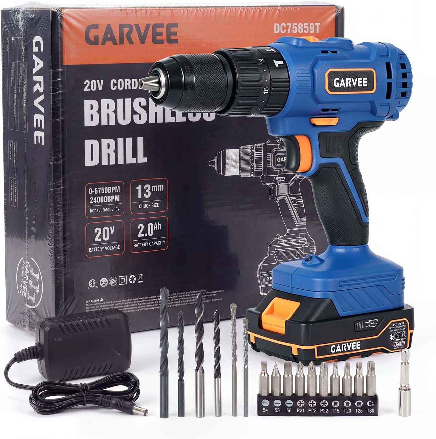 20V Cordless Hammer Drill Set, 1/2" Keyless Chuck, 20+1+1 Clutch, 56-Piece Drill Kit, 398 In-lbs Impact, 2 Variable Speeds, 2.0Ah Battery, Charger Included, Suitable For Brick, Metal, Wood