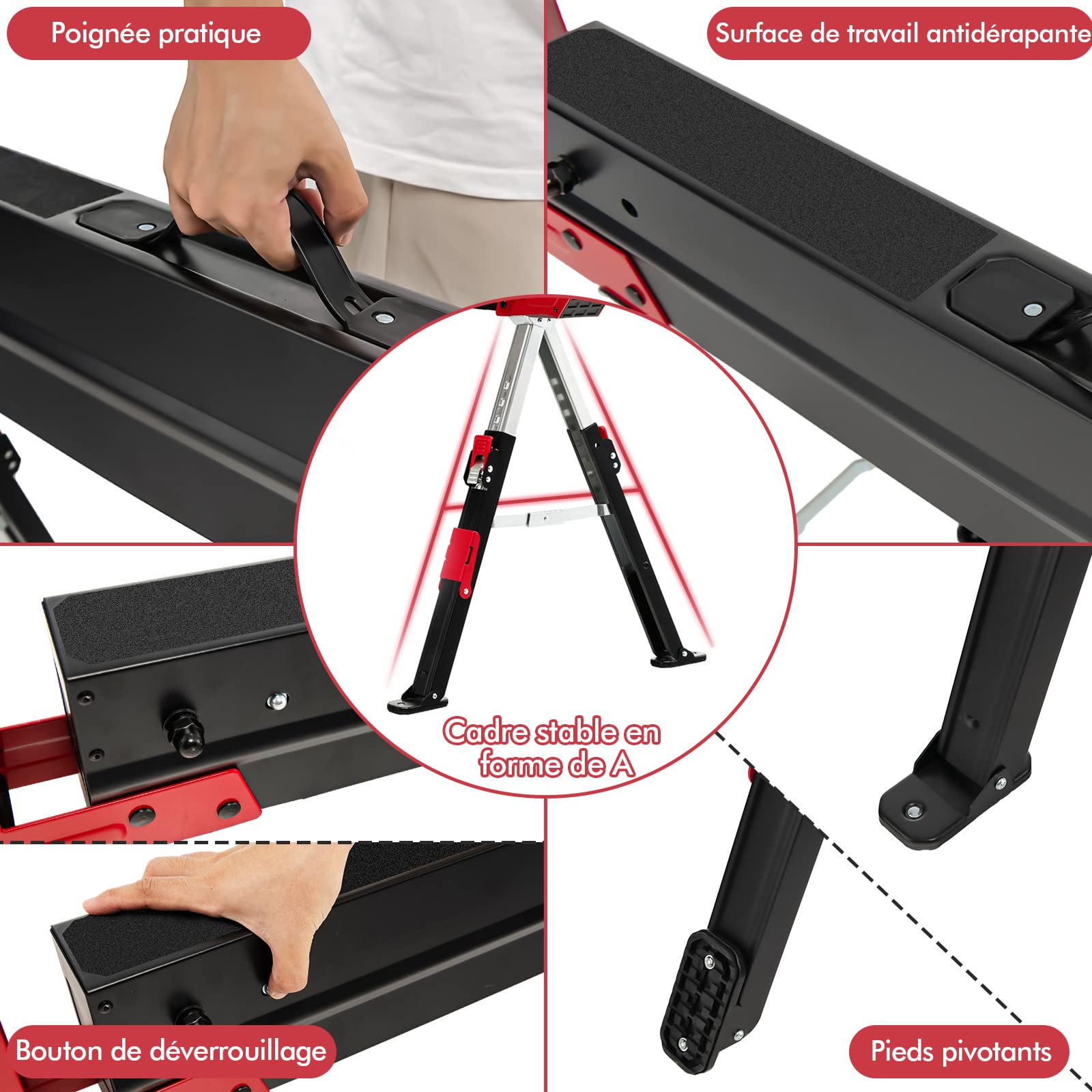 GYMAX Lot de 2 Tréteaux Pliable en Métal, Charge Max 1180kg, Hauteur Réglable 62-83cm, Chevalet de Sciage avec Bras Chevilles de Support de Bois (Rouge)