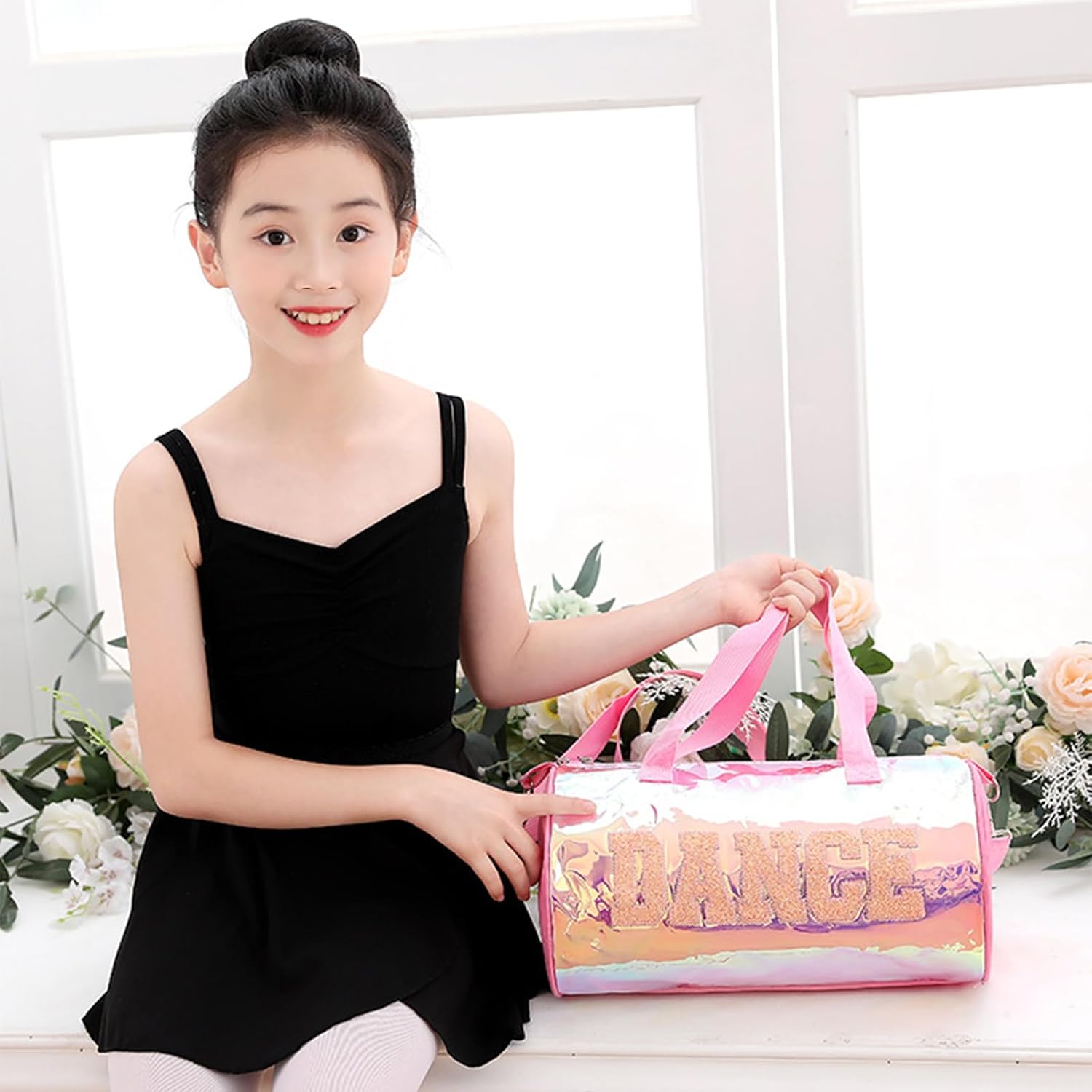 Dance Ballet Bag for Girls Iridescent PU Mini Gym Bags Small Travel Duffel Bag Letters "DANCE" Bags for Dancers Girls Teens (Pink)