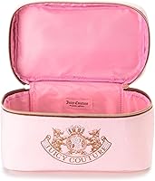 Vista 5 de Juicy Couture Pink Makeup Bag Cosmetics Organizer Travel Essentials Train Case Gold Terroir Dog Rhinestone Crown Velour