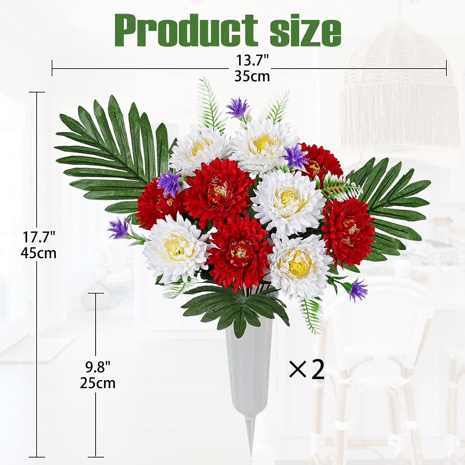 Oairse 2 Sets Artificial Cemetery Flowers with Stakes - 17.7" Fake Red & White Chrysanthemums, Memorial Bouquets with Vase Realistic Graveyard Spring Decorations for Cemetery Outdoor