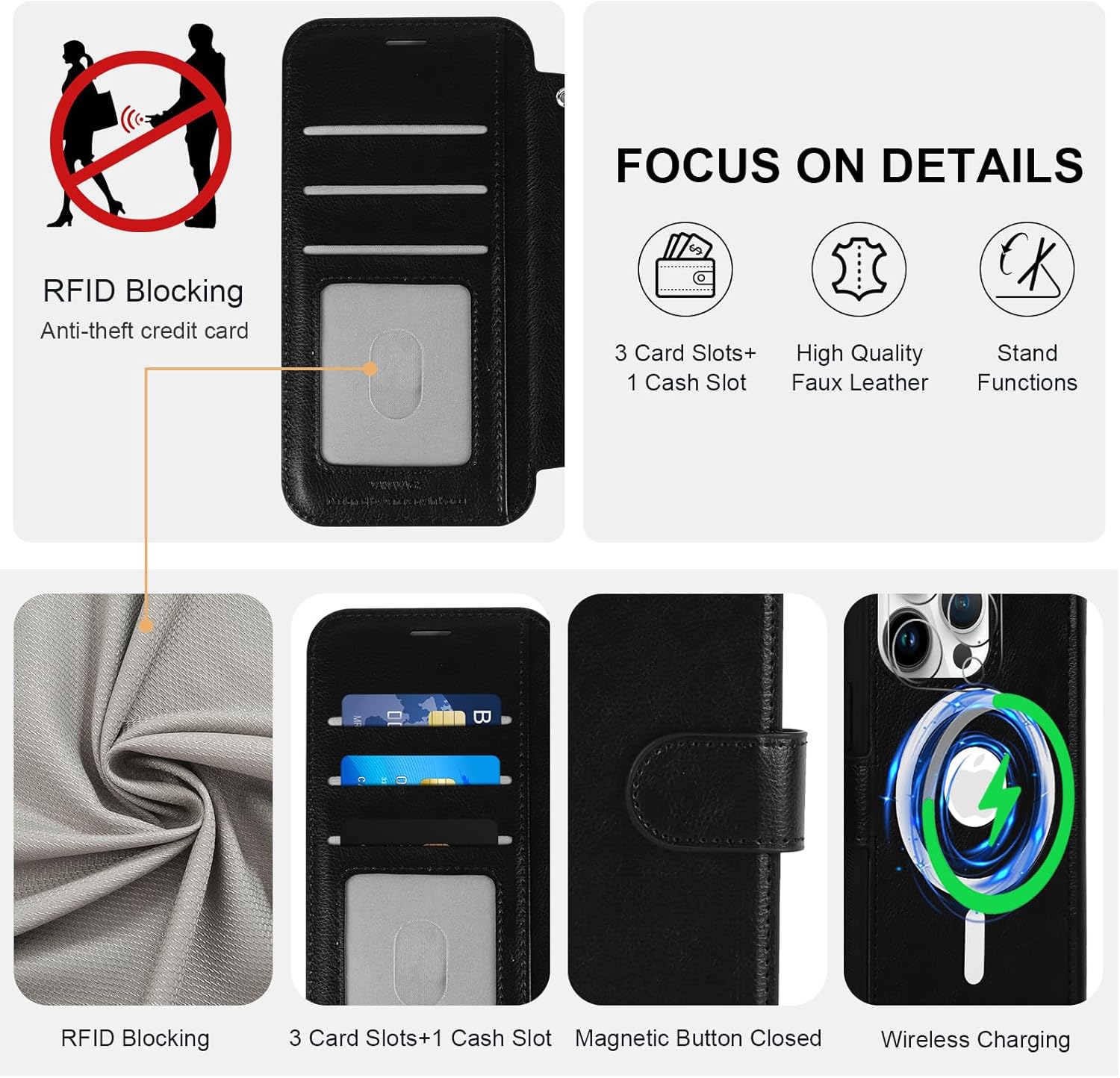 VANAVAGY Compatible for iPhone 14 Pro Wallet Case for Magsafe Wireless Charging, PU Leather Flip Folio Phone Cover with Wrist Strap RFID Blocking Card Holder Screen Protector,Black