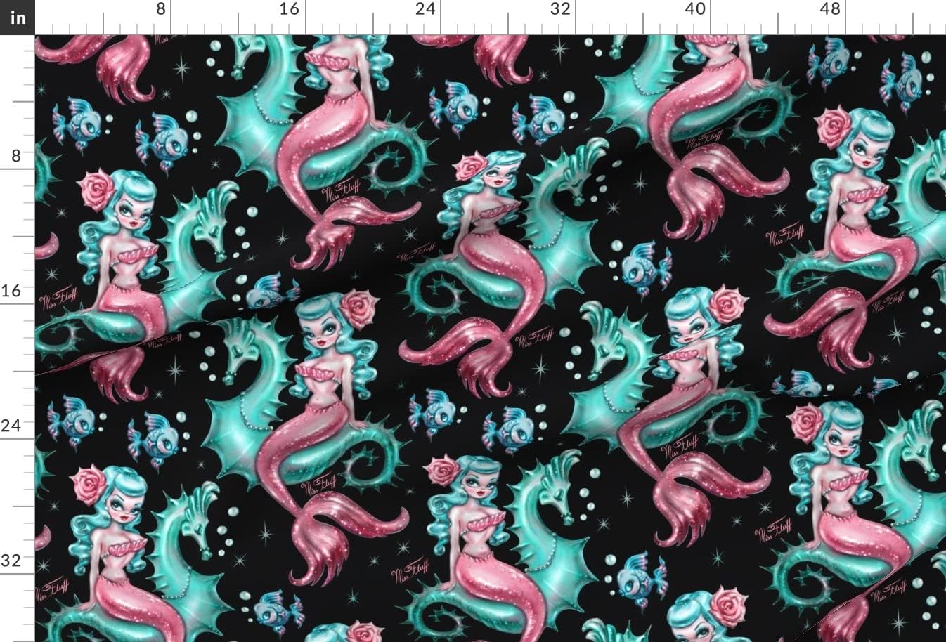 Spoonflower Fabric - Mermaid Black Large Vintage Retro Mermaids Seahorse Nautical Sea Printed on Minky Fabric by The Yard - Sewing Baby Blankets Quilt Backing Plush