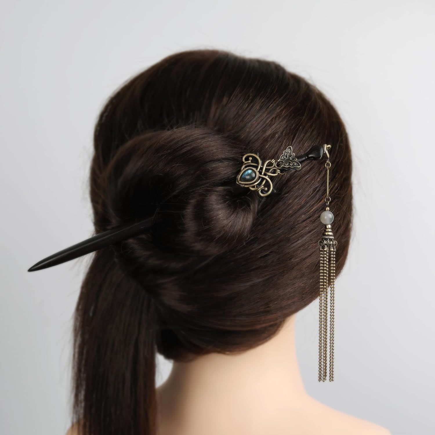 Sword Antique Brass Wire Wrapped Labradorite Ebony Hair Sticks for Buns (Hair Stick & Tassel)