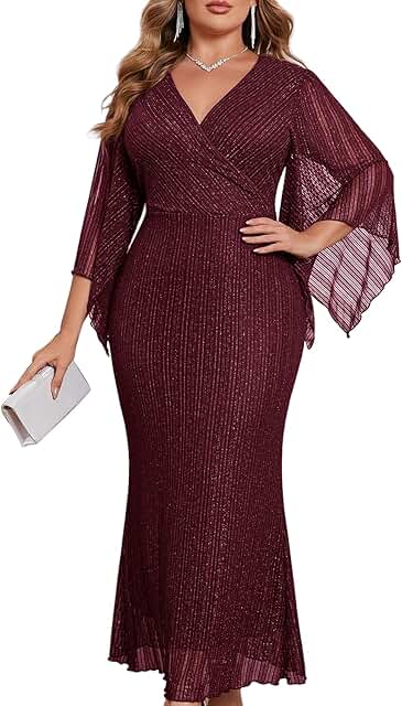CYCLAMEN Plus Size Sparkly Formal Dress Lace Maxi V Neck Mermaid Cocktai...