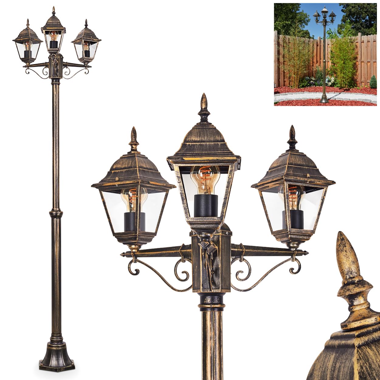 HOFSTEIN Lampa zewnętrzna Naofe, oświetlenie ścieżki z metalu/szkła w kolorze czarno-złotym/brązowym/przezroczystym, kandelabr o antycznym wyglądzie, wysokość maks. 220 cm, oświetlenie ogrodowe IP44,