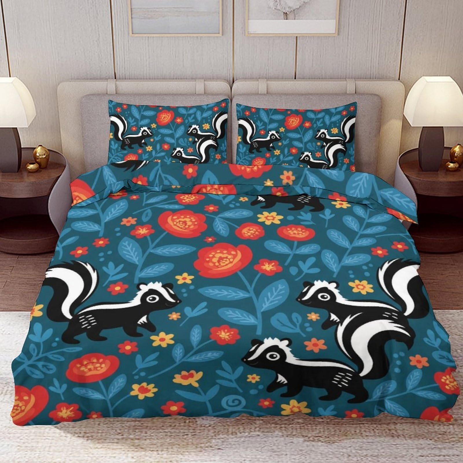 Delerain Comforter Cover Set Twin Size, Cute Skunk Folk Art 3-Piece Bedding Set for Boys Girls Teens Modern Soft Microfiber Bedroom Set Room Decor, 1 Duvet Cover + 2 Pillowcases