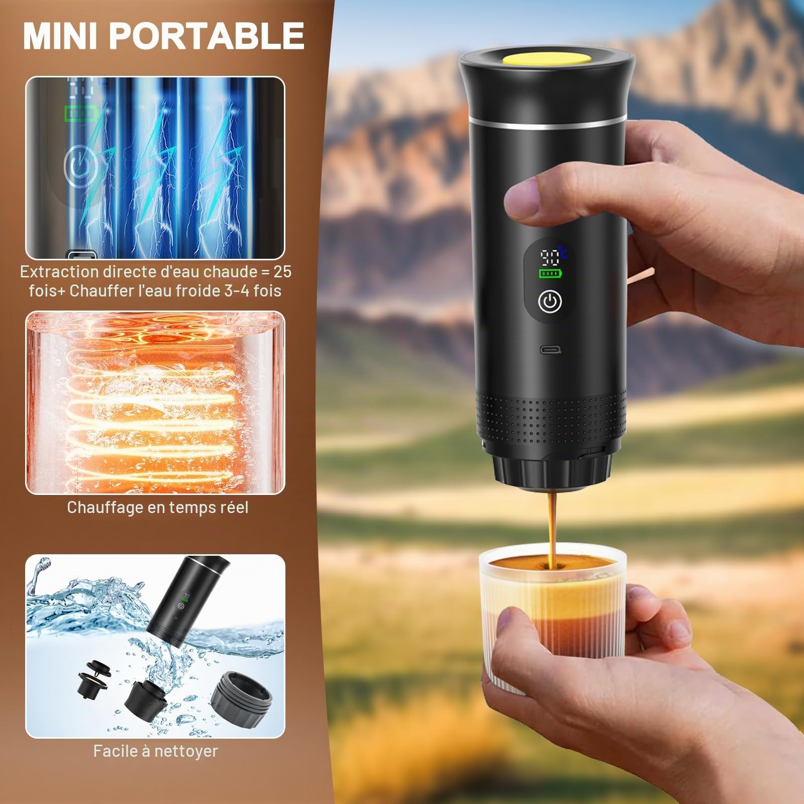 Cafetière Portative 3-en-1, Écran de Température Intelligente, Chauffage Rapide 80ml, Pression 20 Bars, Compatible Capsules et Café Moulu, 7500mAh USB-C, Idéale Voyage et Bureau (Noir 2025)