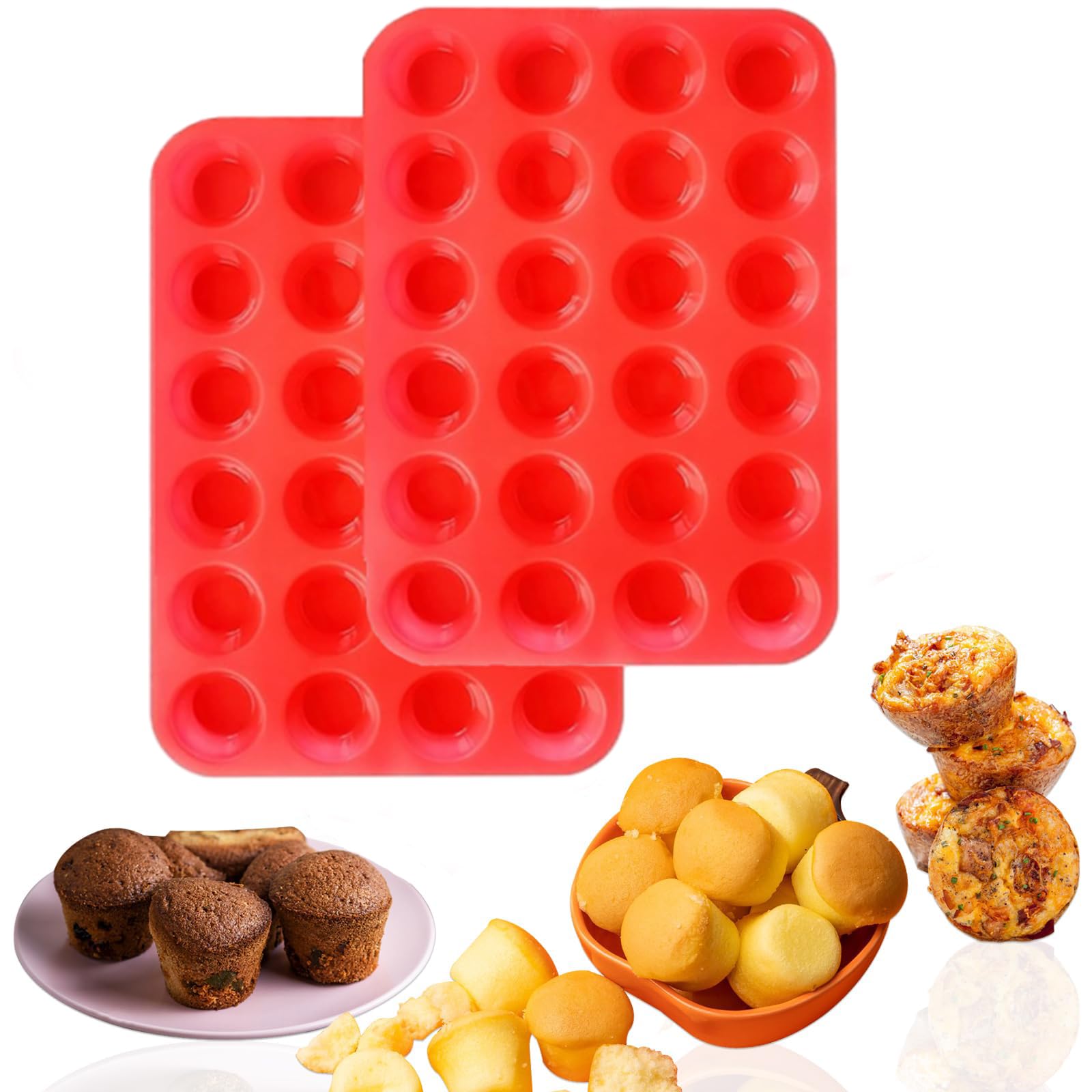 Nonstick Silicone Muffin Pan Set, 24 Cups Cupcake Baking Tin, Dishwasher Safe, Great for Mini Cakes, Tart, Bread - Red, 2 PCS