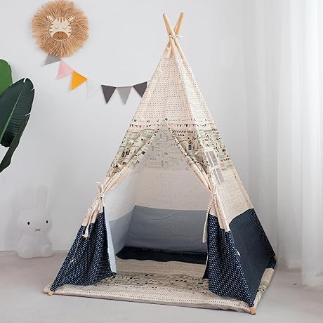 xiaowantong Printed Canvas Blue Teepee for Kids