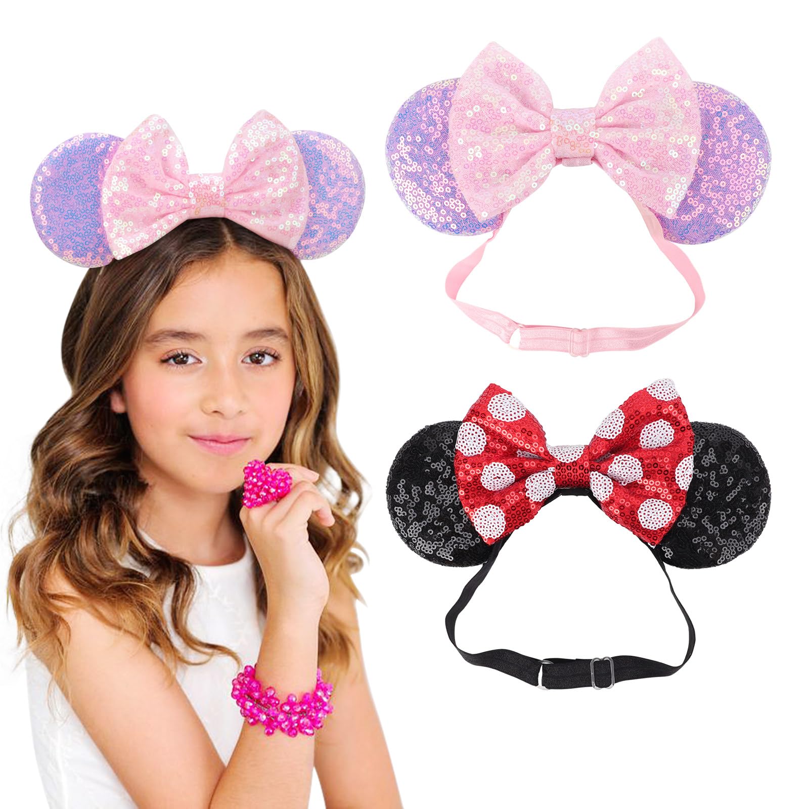DRESHOW Minnie Ears Headbands Mouse Ears Sequin Bow Headbands Elastic Adjustable Headband Glitter Party Decoration Cosplay Costume for Women Girls