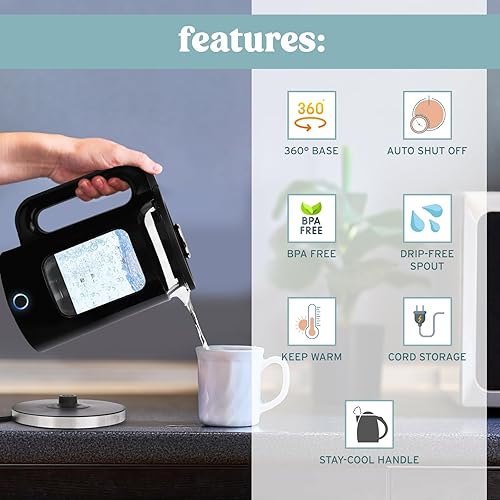 Miniatura 6 de NELO Electric Kettle with Keep Warm Function, Sleek Glass Window Double Wall Design, LED Indicator Lights, Black Tea Kettle & Hot Water Boiler with