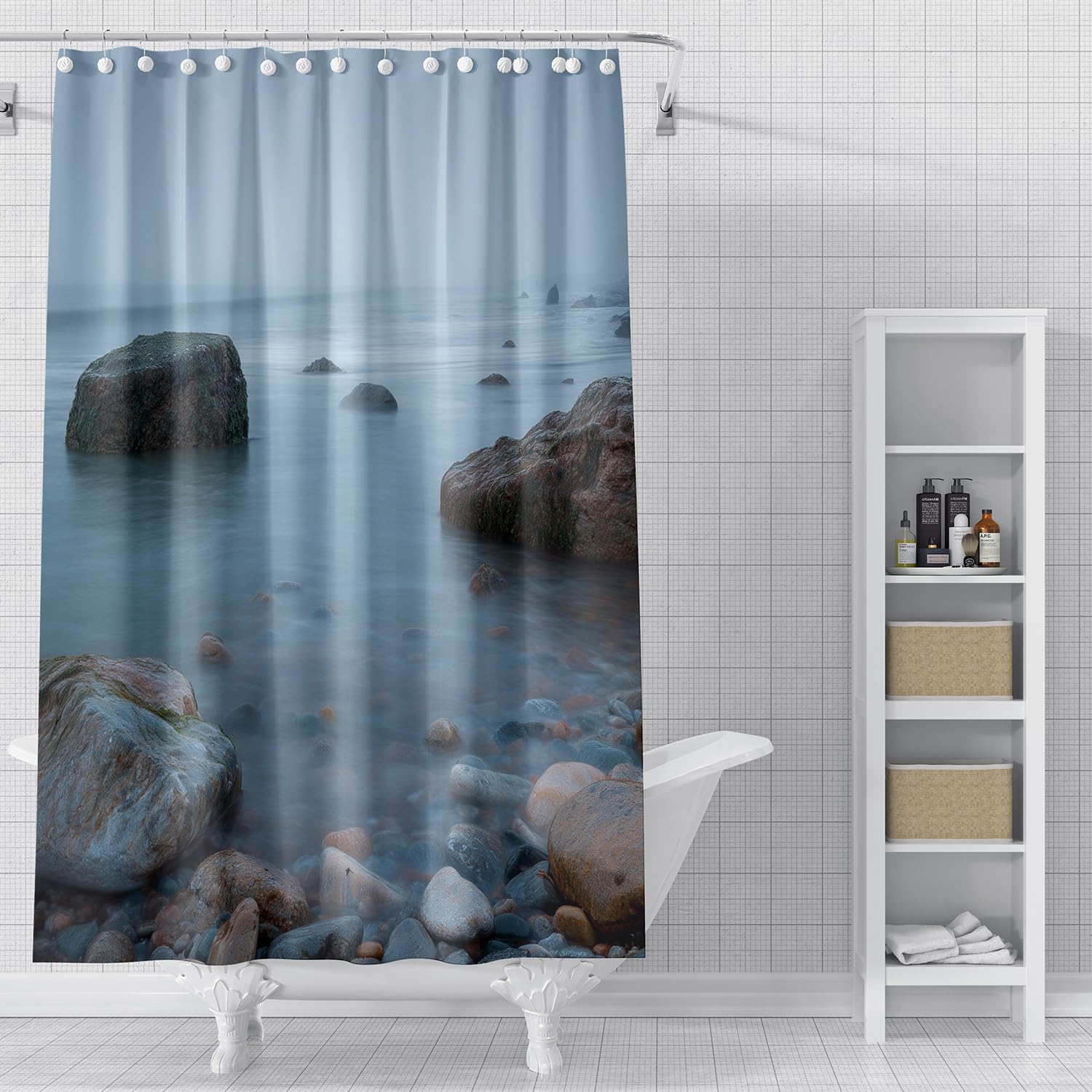 Cortina de Ducha con Diseño de Olas y Guijarros,con Ganchos de Plástico,Duradera y Lavable,Ideal para el Baño del Hogar y del Hotel,240Anx200Alcm (1 Panel).