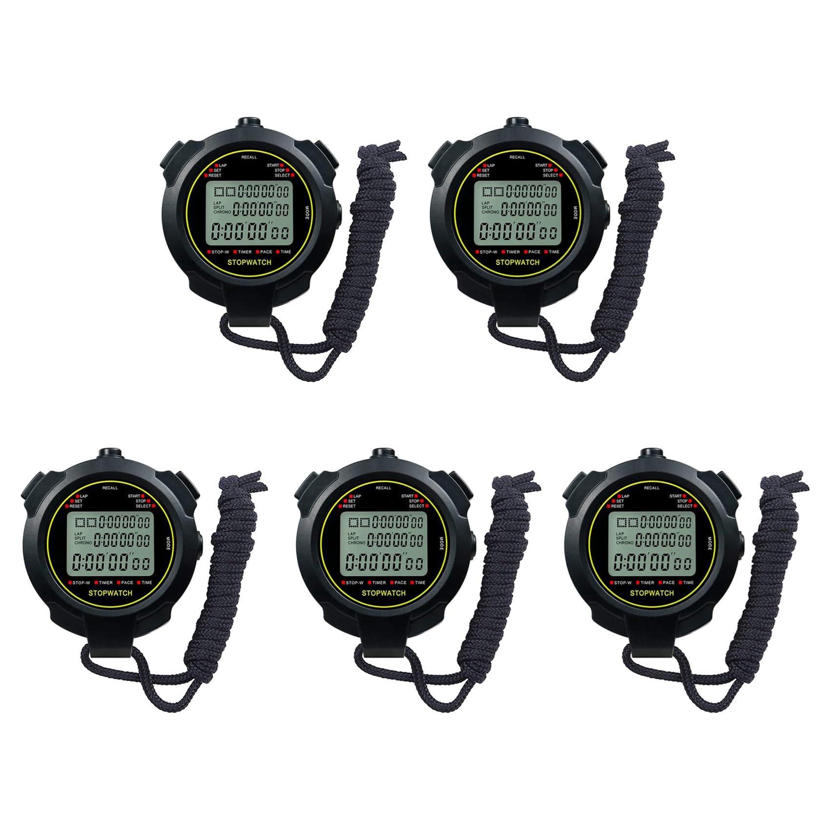 5X Cronometro Digitale, Timer per Il Conto alla Rovescia del Cronometro da 10 / Memoria Divisa, Ampio Display Impermeabile 12/24 Ore