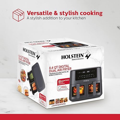 Miniatura 9 de Holstein Housewares 8.4QT Freidora de aire digital de canasta doble con ventana de visualización y pantalla LED con 7 opciones preestablecidas.