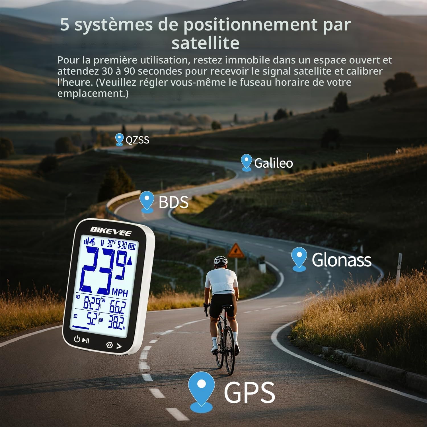 Compteur Vélo GPS sans Fil Étanche IPX7 Écran FSTN 2,4 Pouces Compteur VTT avec Vitesse Distance Altitude Température Pente Autonomie 28H