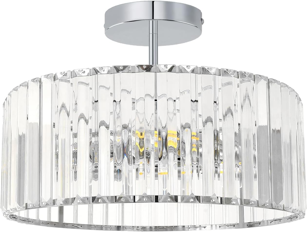 ANWIO 14.4 Inch Crystal Chandelier Bedroom Light Fixture, Modern Crystal Hallway Ceiling Light Fixture, Silver Chandelier for Kitchen, Living Room, Bathroom, Dining Room, E26 Base Bulbs, 3-Light
