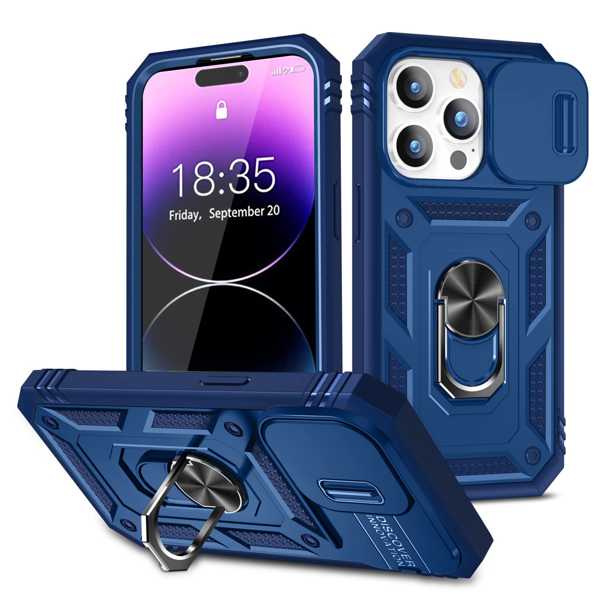Hllhunkhe for iPhone 14 Pro Max Stand Case with Slide Camera Cover & 360°Kickstand Ring - Military Grade Heavy Duty Protective with Magnetic Car Holder for iPhone 14 Pro Max 6.7'' - Sapphire/Blue
