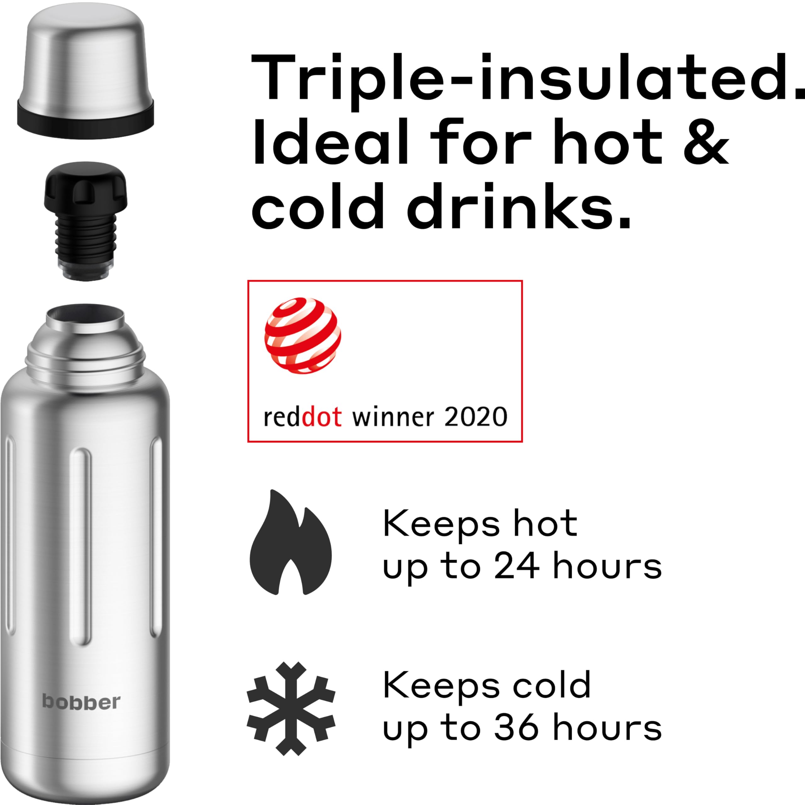 BOBBER16 oz Vacuum Insulated Stainless Steel Water Bottle with Cup Lid –  Dishwasher Safe – Keeps Drinks Hot for 24 Hours and Cold for 36 Hours –