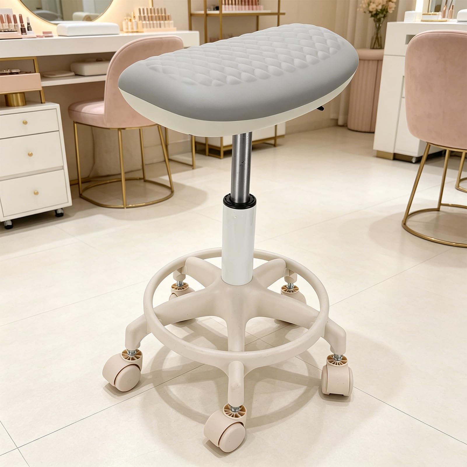Luocute Höhenverstellbarer Rollhocker mit Fußstütze, um 360 Grad Drehbarer Salonhocker mit 5 Glatten Rollen und Wasserdichtem PU-Leder für Maniküre, Pediküre und Nagelstudio