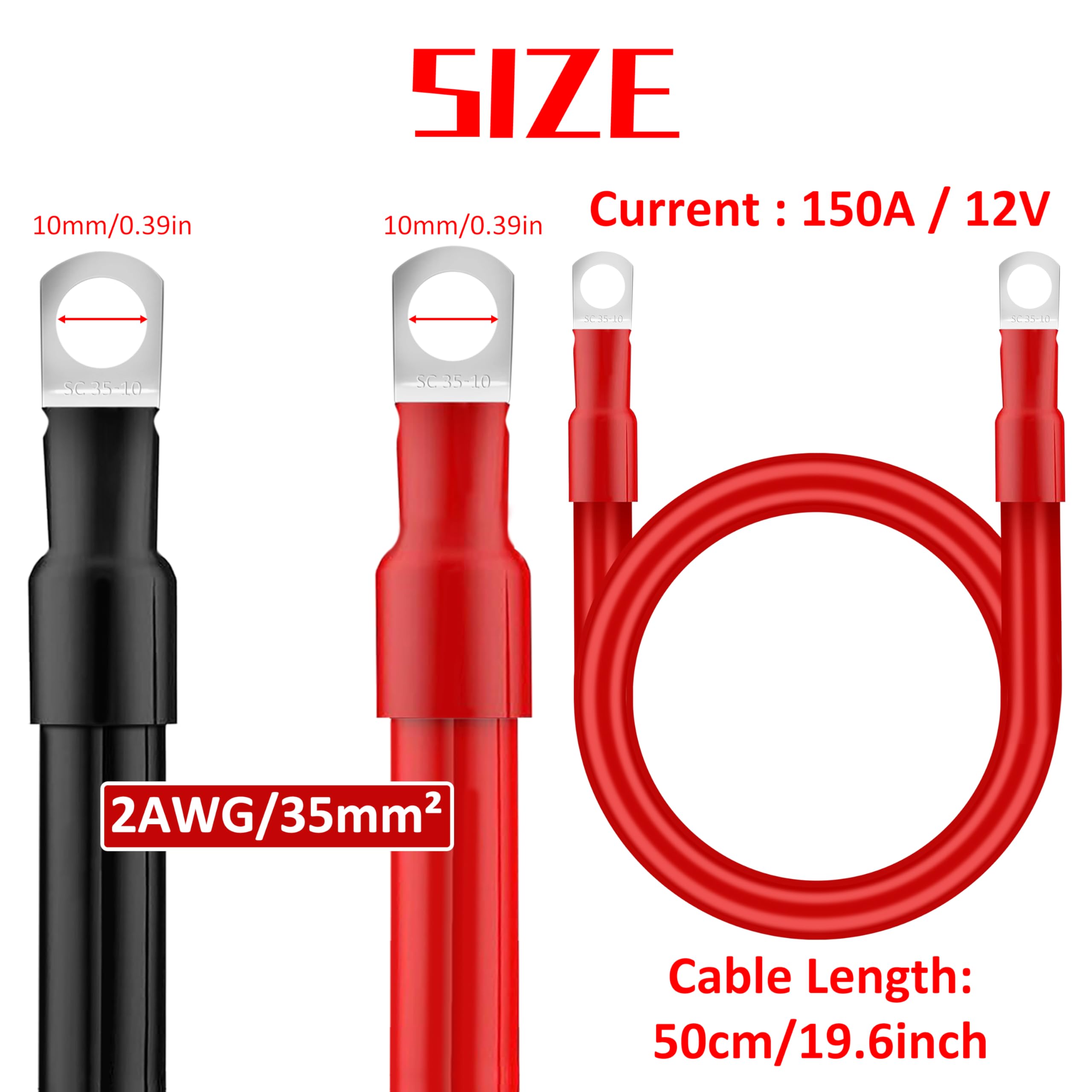 QIMEI-SHOP Cable Bateria 35mm² 50cm Cable Inversor de Batería 12V 2AWG Cables de Batería con M10 Terminales de Anillo para Automóvil Camión Moto Solar Marino Rojo y Negro 2 Piezas — view 2