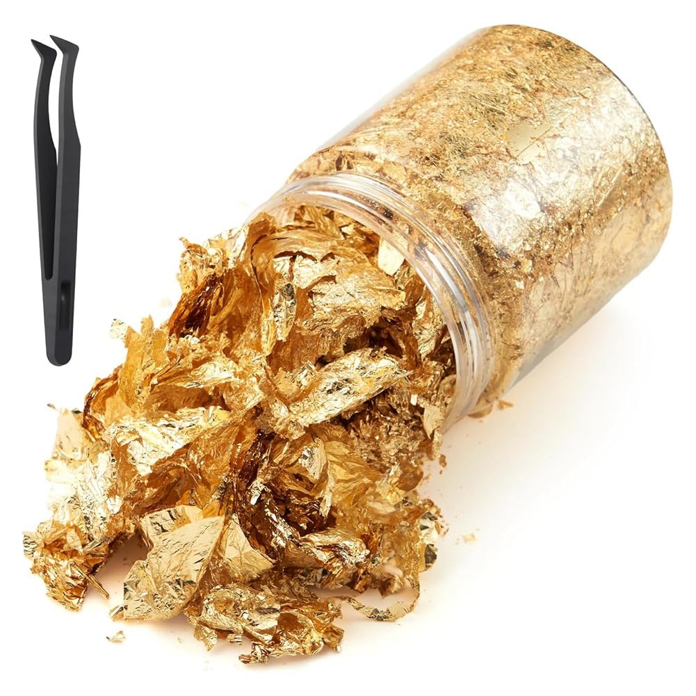 Littimoon Metallic Gold Foil Leaf Flakes 10g with Tweezers for Resin, Imitation for Nail Art