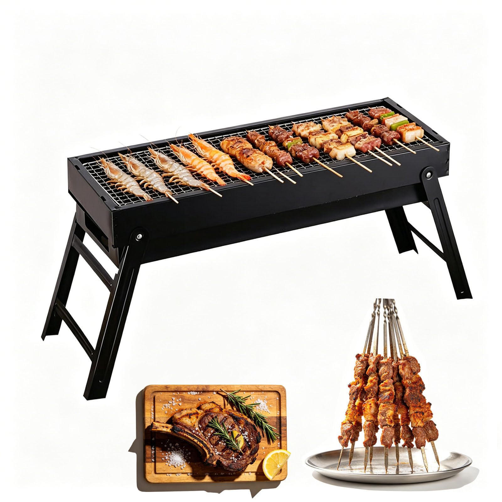 Generico Barbecue da Picnic, Mini Barbecue, BBQ Portatile Pieghevole, a Carbonella, Portatile, per Esterni, Giardino, Feste,Nero,60cm/23.6in