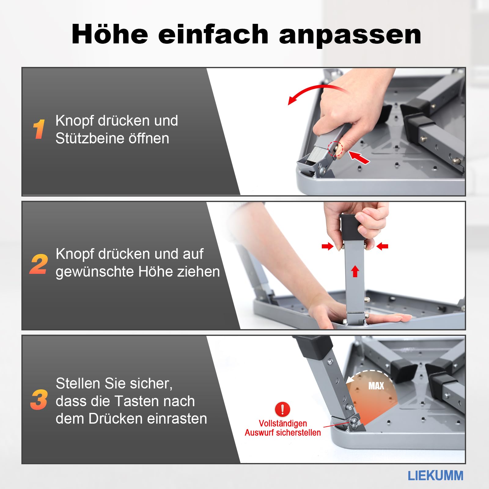 LIEKUMM 3-stufiger Tritthocker Klappbar, 150 kg Tragkraft Hocker Höhenverstellbar, Klapphocker mit Rutschfester Plattform, Trittstufe für Zuhause, Küche, Bad und Wohnmobil, Schwarz