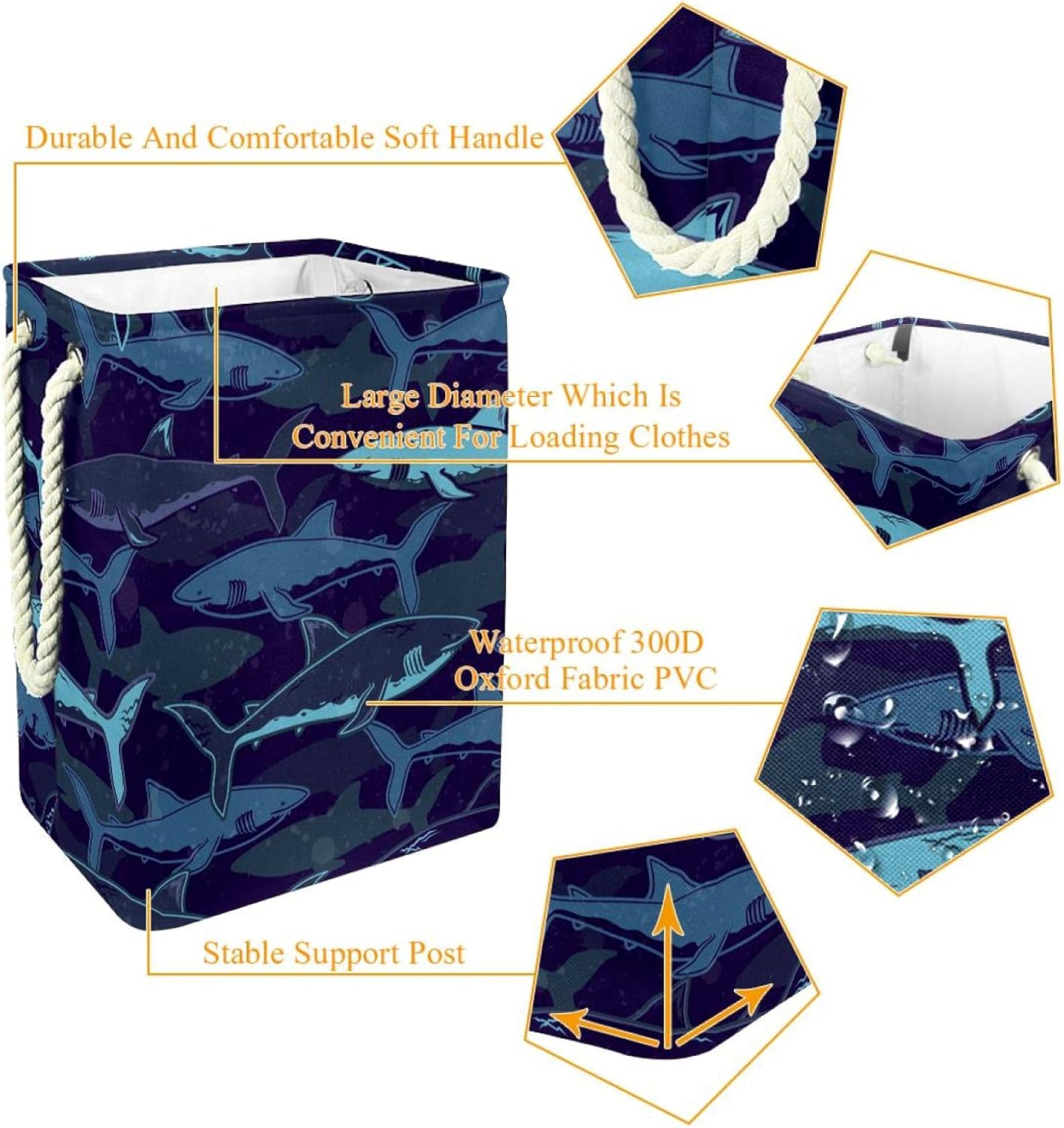 Laundry Basket With Handles Waterproof Collapsible Laundry Hamper For Storage Bins Kids Room Home Organizer Navy Blue Sharks Ocean Sea, 19.3x11.8x15.9 In