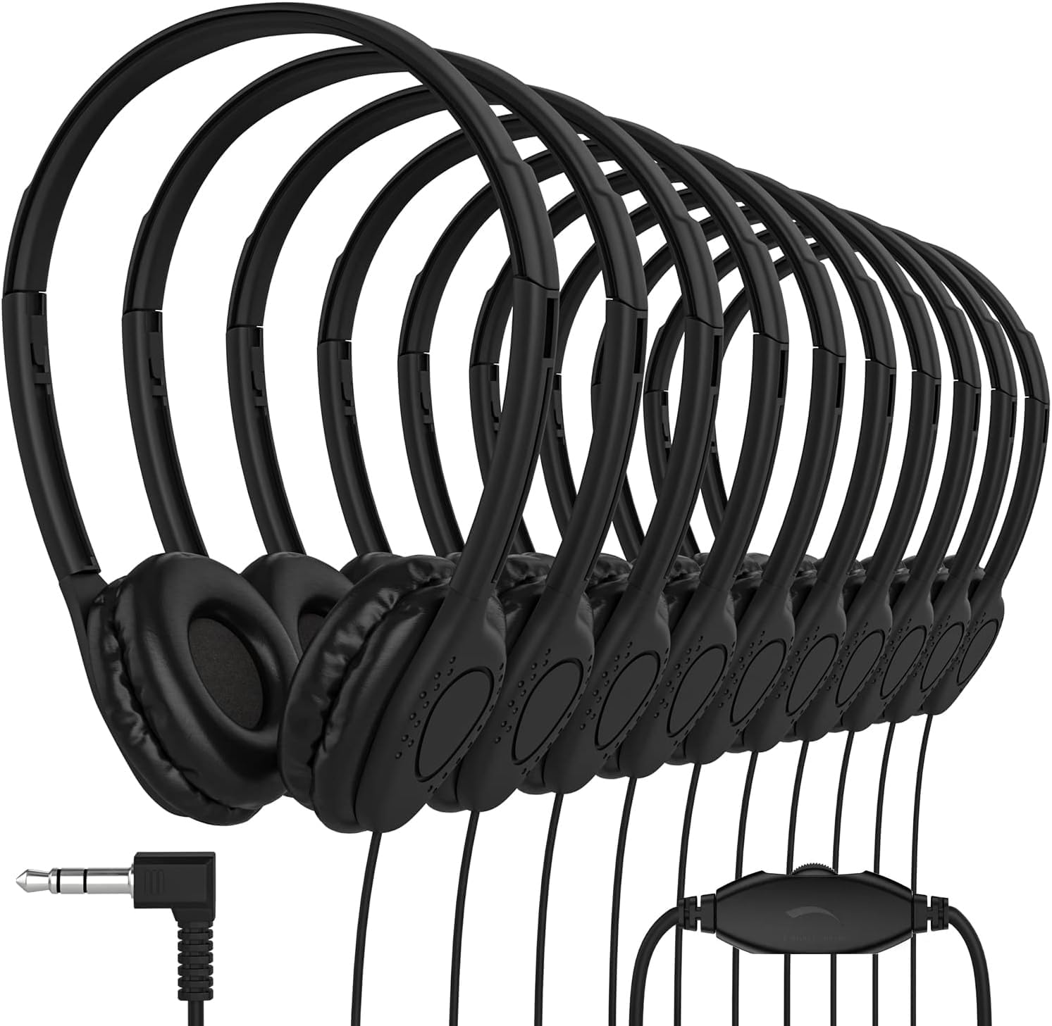 Maeline Bulk Classroom Student Headphones with Volume Control, On Ear Stereo Headphones with Faux Leather Cushions for Kids Online Learning, Library, School, Airplane, Travel - 3.5mm Plug - 500 Pack