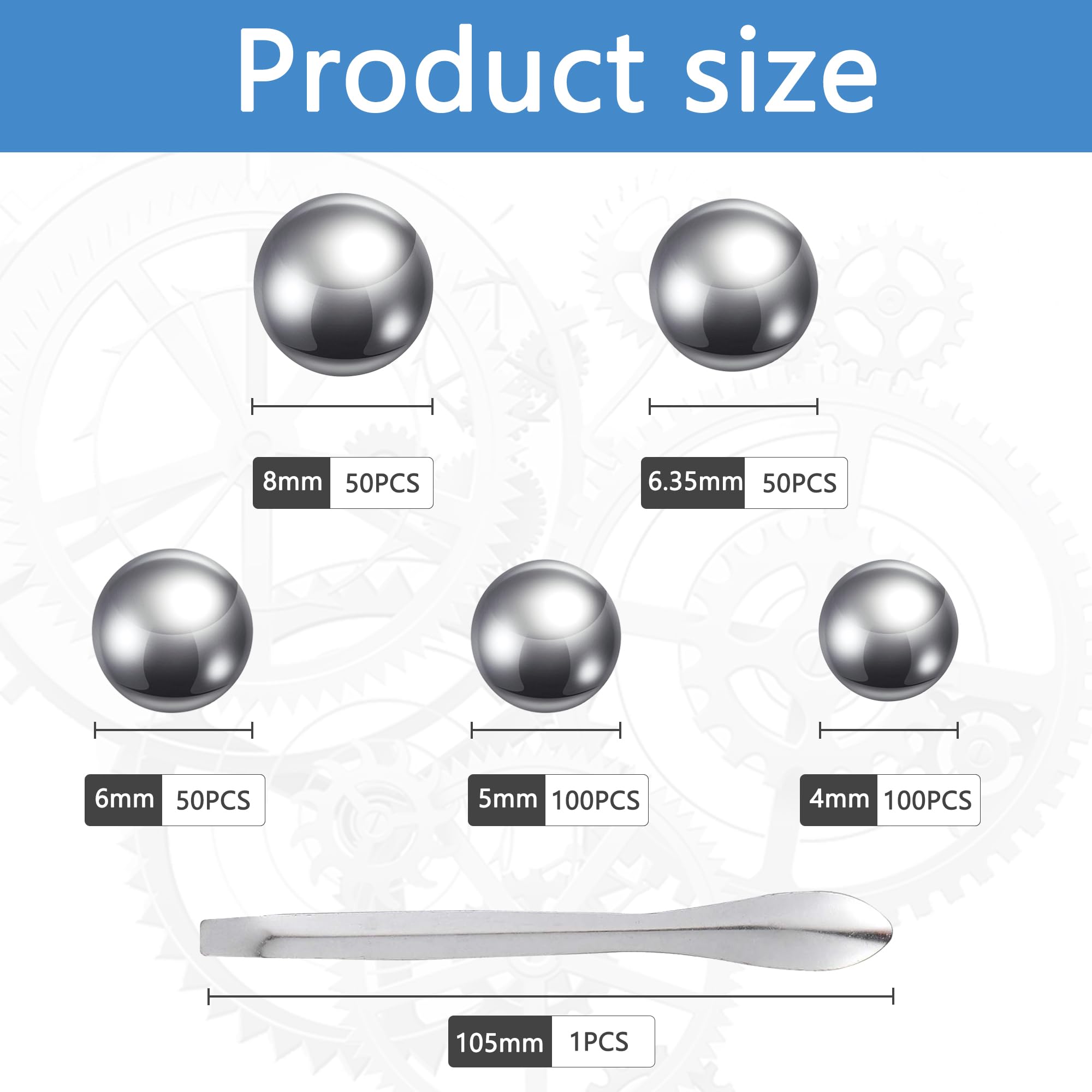 YSDMY 350 sfere di precisione per cuscinetti in acciaio inox, 4/5/6/6,35/8 mm, con cucchiaio di miscelazione, sfere agitatore, kit assortito per biciclette, nastri trasportatori, accessori industriali