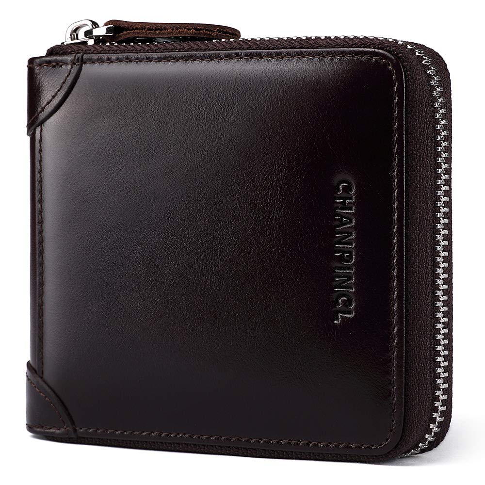 CHANPINCL Mens Genuine Leather Zipper Wallet RFID Secure Large Capacity Double Fold Multi-card Leather Wallets for Men and coin purse