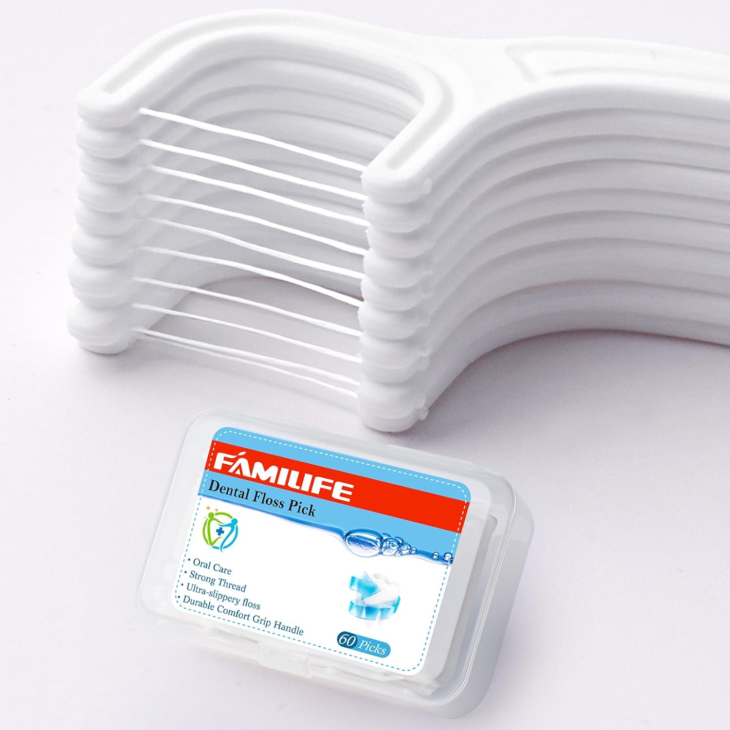 FAMILIFE Floss Picks, 240 Count Mint Dental Floss Picks with 4 Travel Handy Cases and 200 Count Unflavored Dental Floss Picks with 4 Travel Handy Cases