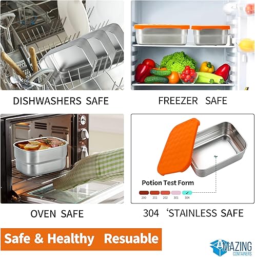 Miniatura 4 de Recipientes de alimentos de acero inoxidable con tapas Juego de 3 (28 onzas, 2 x 8 onzas), contenedor de almuerzo de acero para niños y adultos,