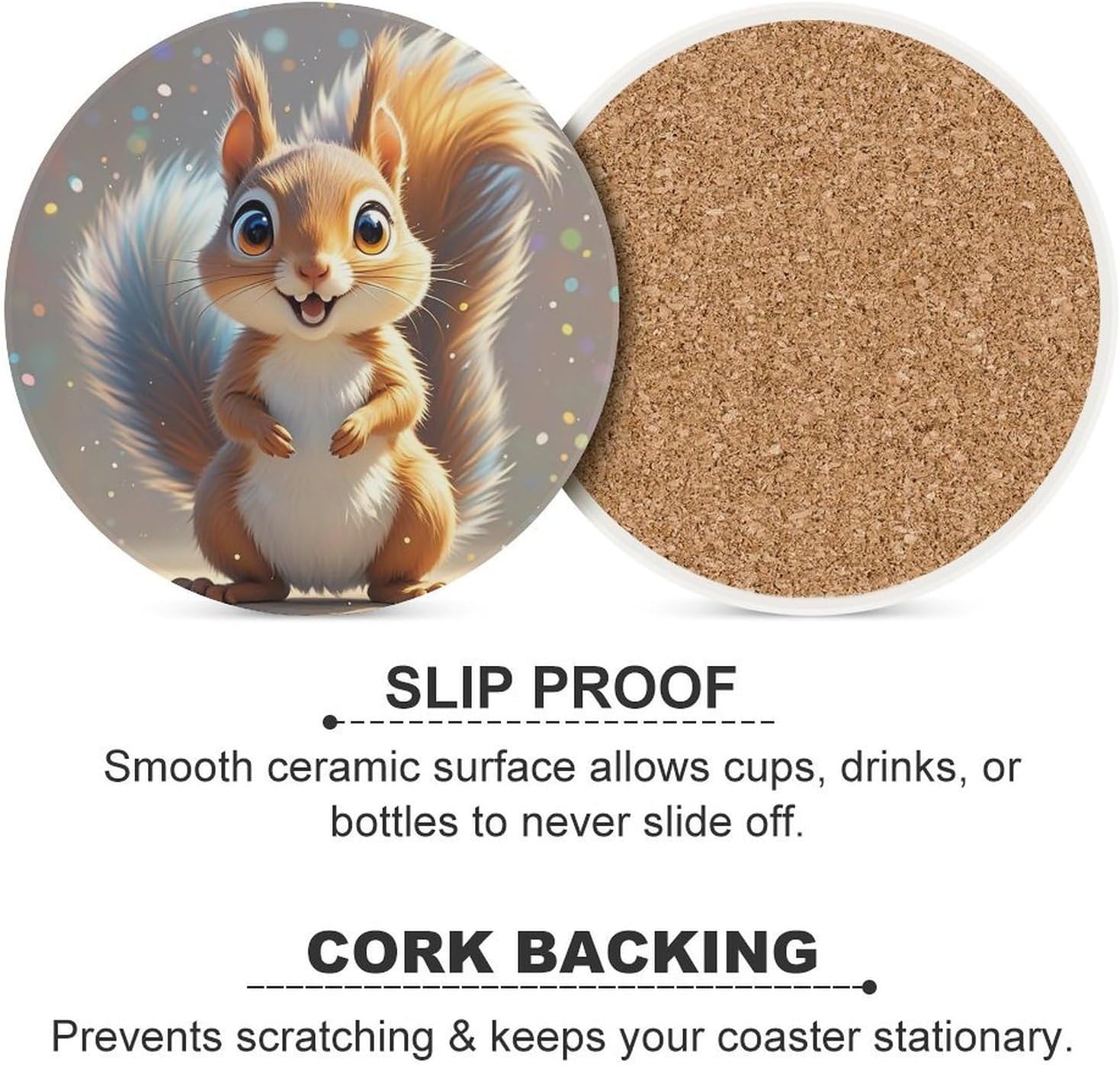 6PCS Squirrel Coasters Non-Slip Round Drink Coasters with Ceramic Stone and Cork Base, Heat Resistant Absorbent 33.00Stone Coaster Set for Kinds of Mugs and Cups, 4 Inch