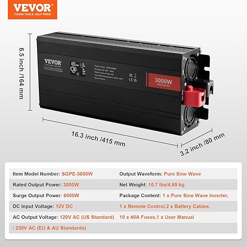 Miniatura 16 de VEVOR Inversor de onda sinusoidal pura de 2500 W, inversor de automóvil de 12 V CC a 120 V CA, 3 salidas de CA, puerto USB, pantalla LCD, control