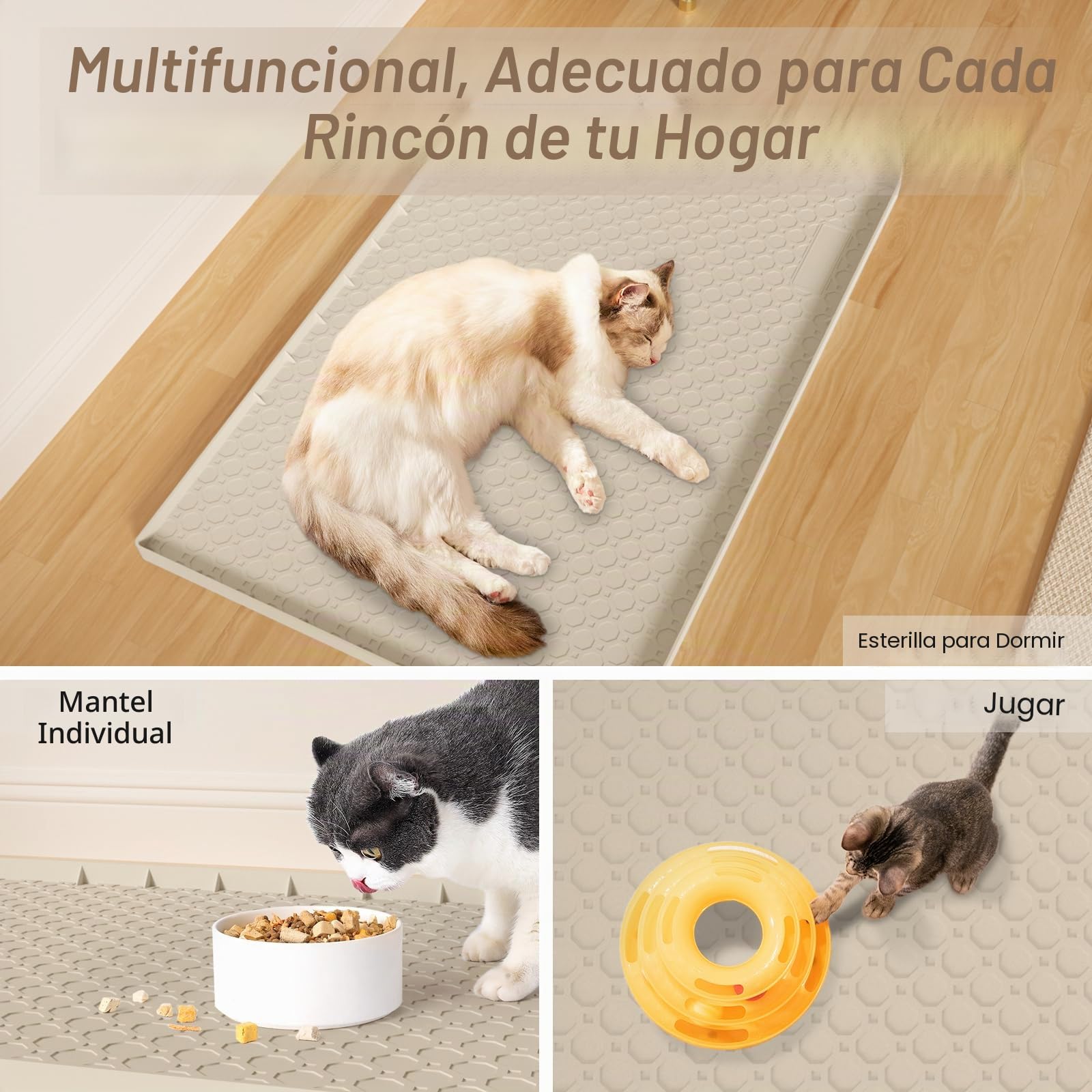 Alfombra Arenero Gato Silicona Impermeable Bordes Elevados 86x56cm, Alfombra Gatos Arenero Grande Antideslizante, y Alfombrilla Arenero Gato Diseño Panal Fácil Limpiar, Beige