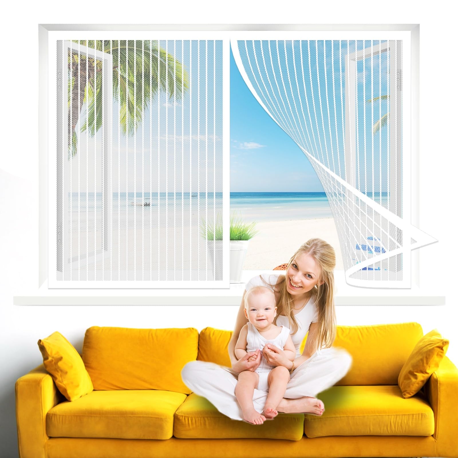 Screen Window with Magnets 140 x 205 cm(55 x 81inch), Mosquito Insects Mesh Curtain, Keep Insects Out for Window, Window Transparent Fly Screen, White