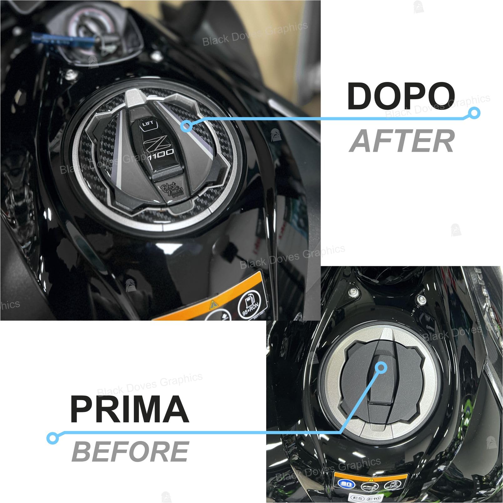 Black Doves Graphics – Adesivo 3D Resinato compatibile con Kawasaki Z1100 2026 (BK1) | Made in Italy (Tappo Serbatoio)