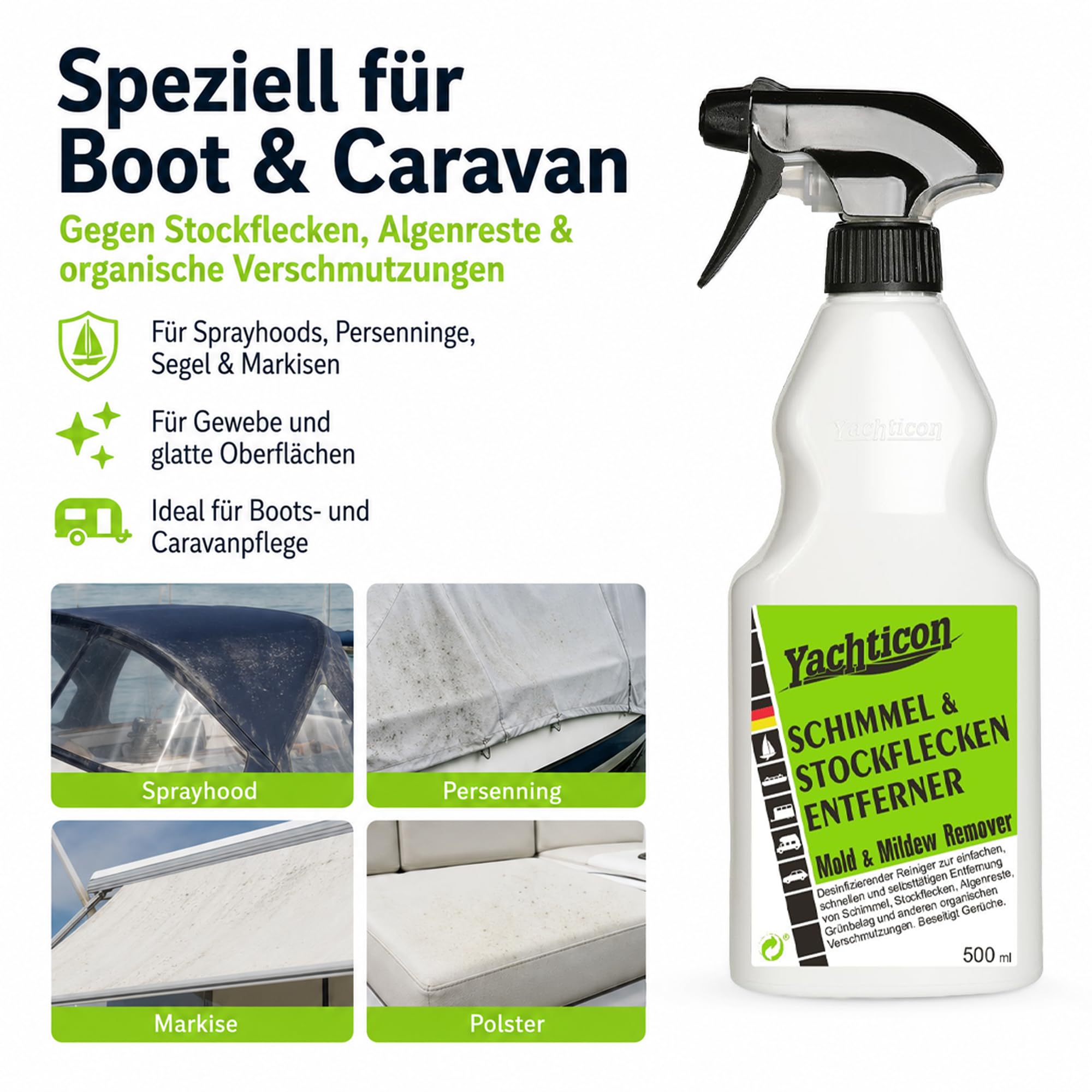 YACHTICON Schimmel & Stockflecken Entferner – Effektive Lösung gegen Flecken und Gerüche auf Boot, Wohnmobil, Zelt, Bad, Polstern, Kunststoff, Textilien